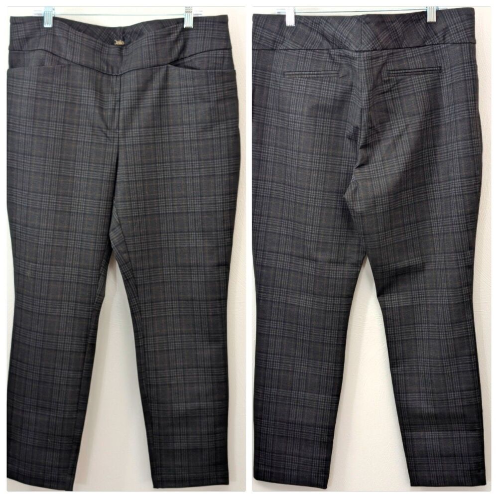 Dalia Womens XL Pants Tummy Control Pull-On Stretch Charcoal Check Comfort Wear